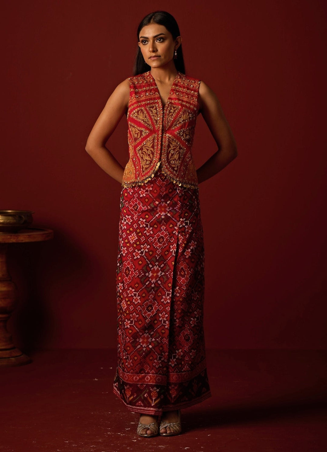 Red Embroidered Patola Silk Gilet With Skirt Twenty Nine - Fabilicious Fashion