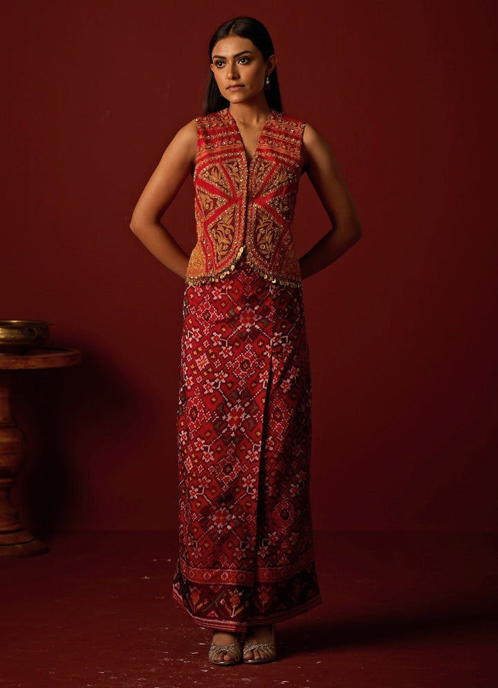 Red Embroidered Patola Silk Gilet With Skirt Twenty Nine - Fabilicious Fashion