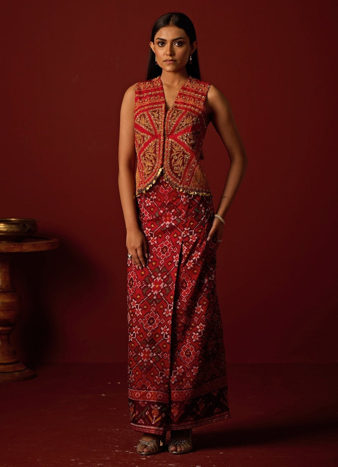 Red Embroidered Patola Silk Gilet With Skirt Twenty Nine - Fabilicious Fashion