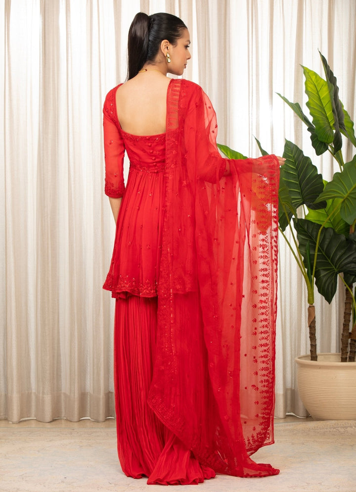 Red Embroidered Peplum Kurta Sharara Set Esha Koul - Fabilicious Fashion