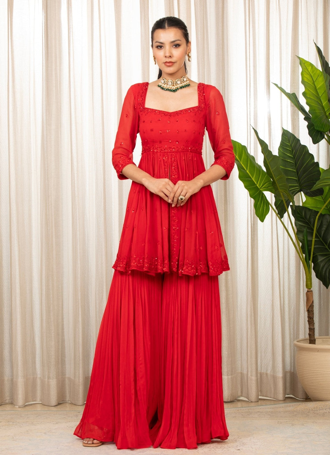 Red Embroidered Peplum Kurta Sharara Set Esha Koul - Fabilicious Fashion