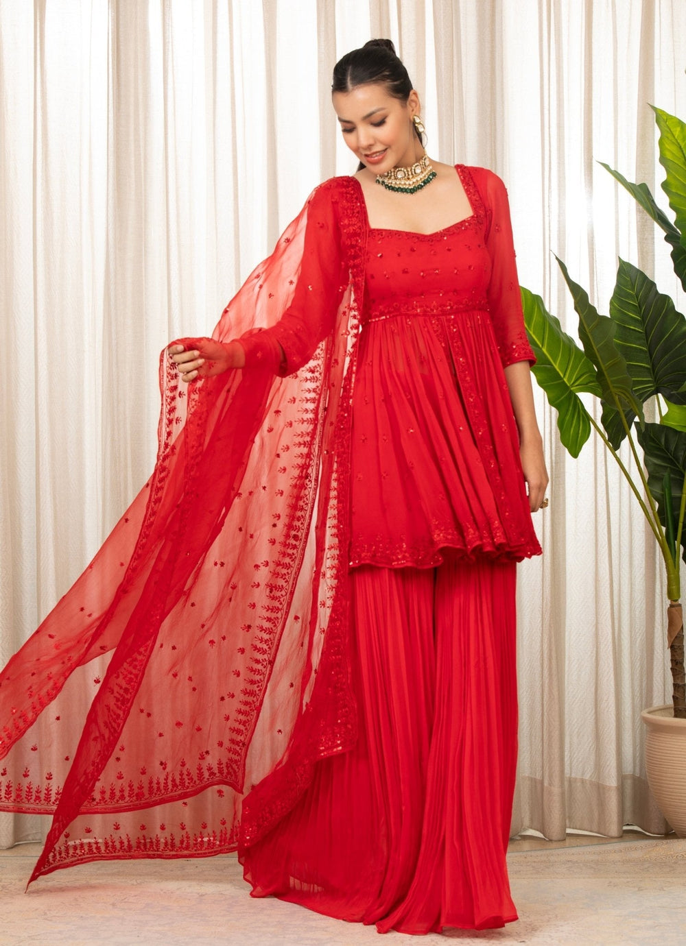 Red Embroidered Peplum Kurta Sharara Set Esha Koul - Fabilicious Fashion