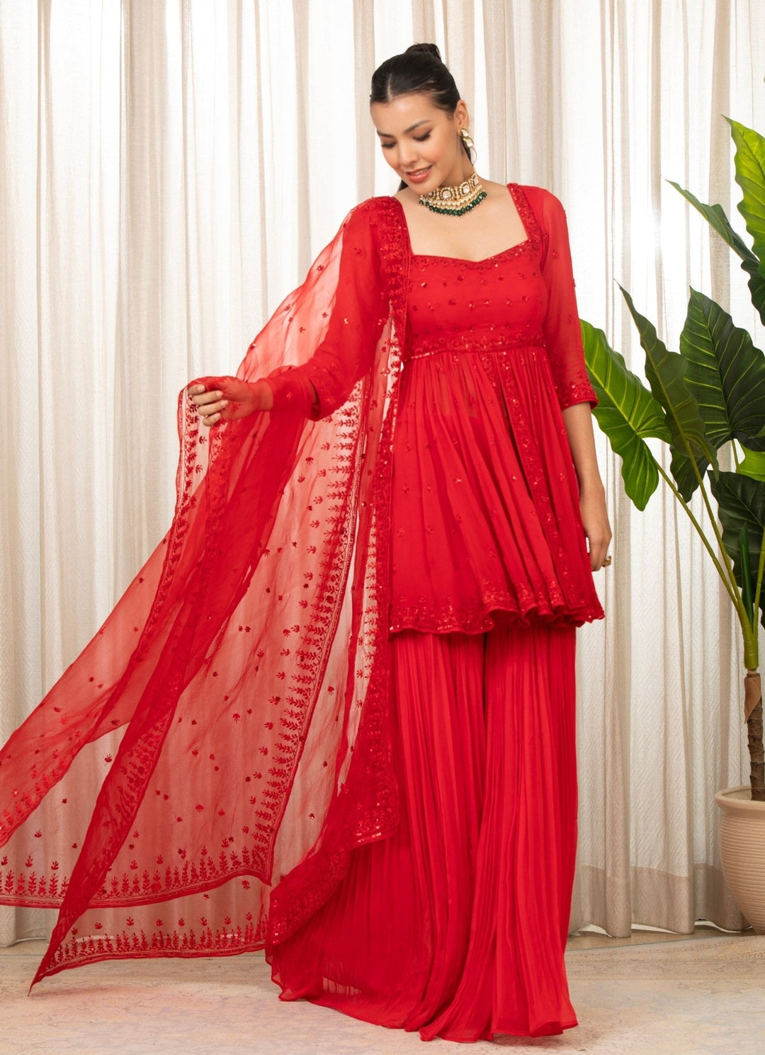 Red Embroidered Peplum Kurta Sharara Set Esha Koul - Fabilicious Fashion