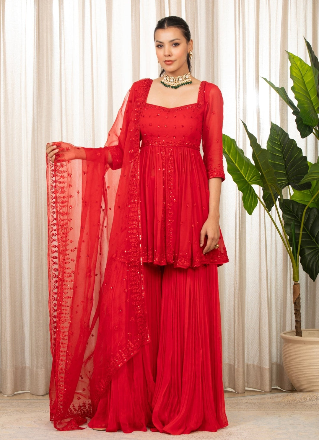 Red Embroidered Peplum Kurta Sharara Set Esha Koul - Fabilicious Fashion