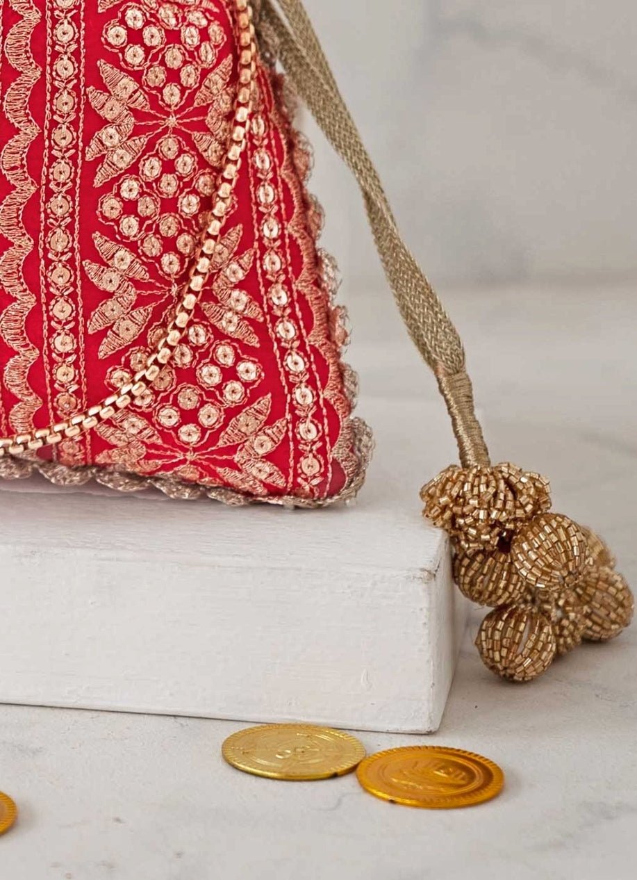 Red Embroidered Potli AMYRA - Fabilicious Fashion