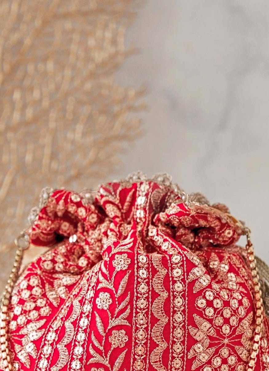 Red Embroidered Potli AMYRA - Fabilicious Fashion