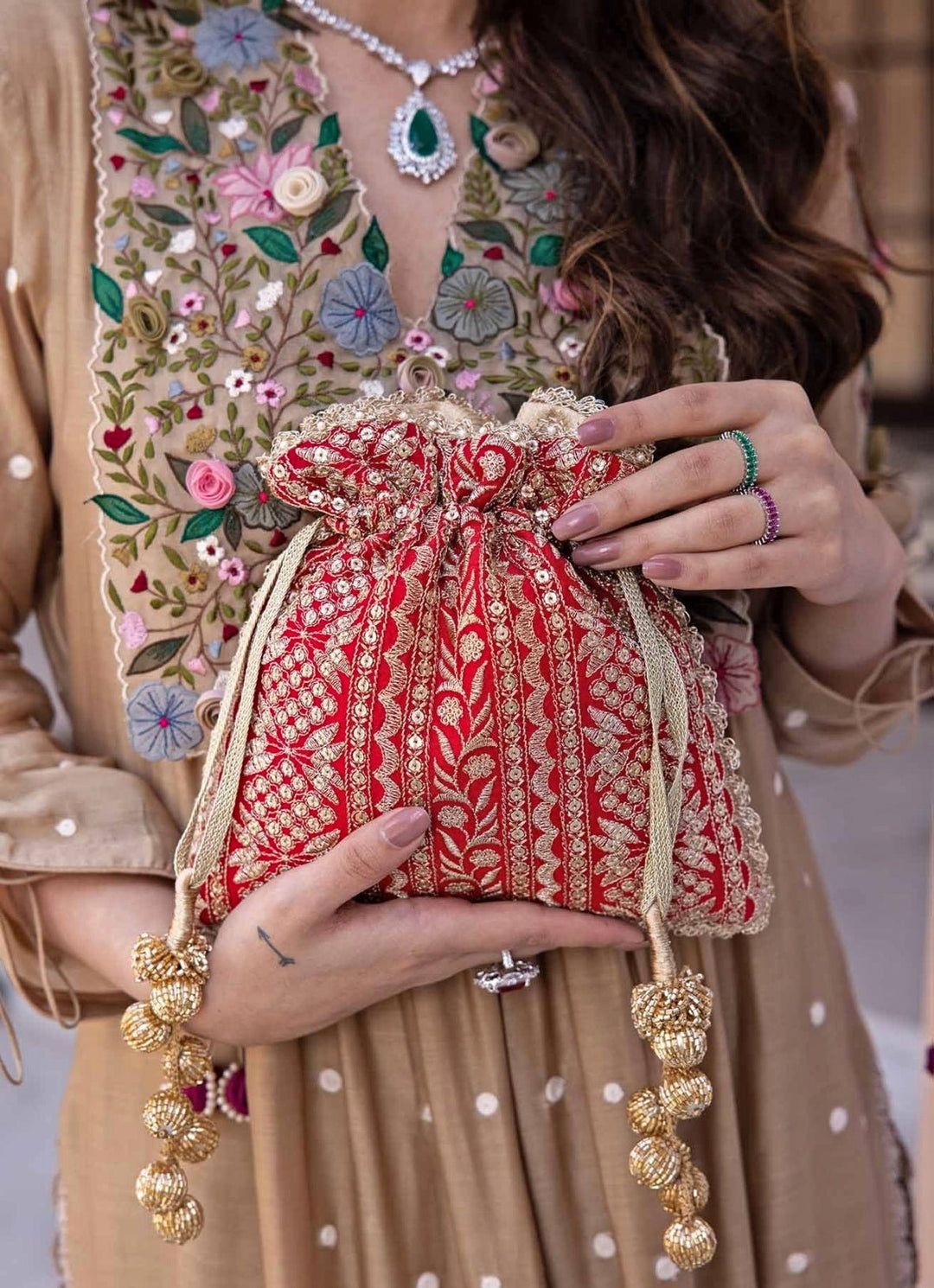 Red Embroidered Potli AMYRA - Fabilicious Fashion