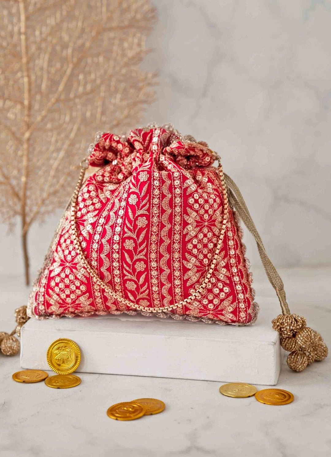 Red Embroidered Potli AMYRA - Fabilicious Fashion