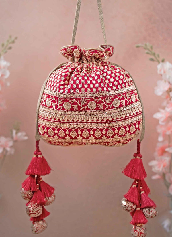Red Embroidered Potli