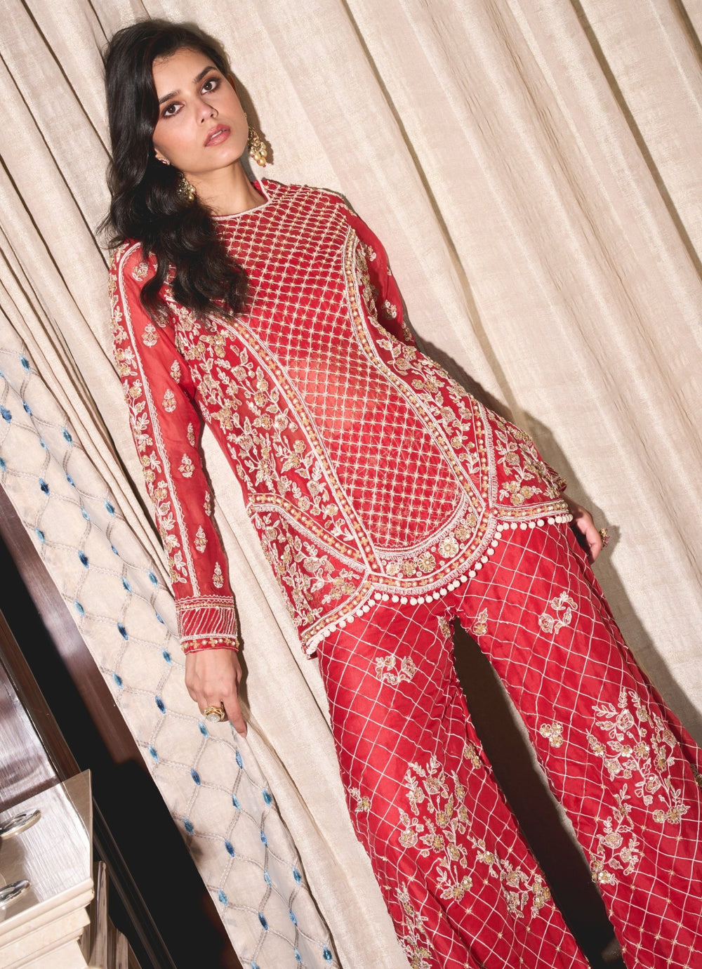 Red Embroidered Pure Silk Organza Kurta Pant Set Sanya Gulati - Fabilicious Fashion