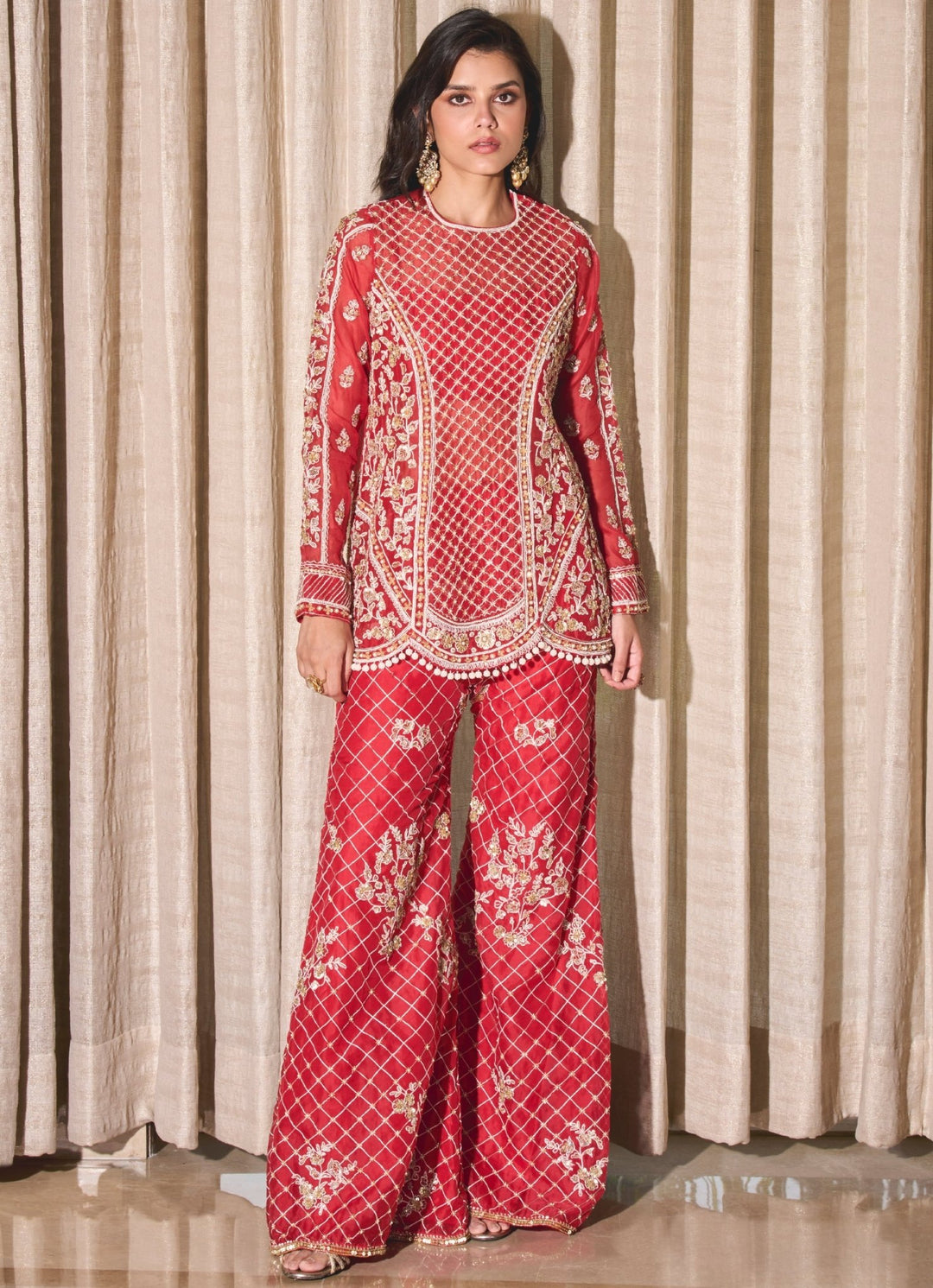 Red Embroidered Pure Silk Organza Kurta Pant Set Sanya Gulati - Fabilicious Fashion