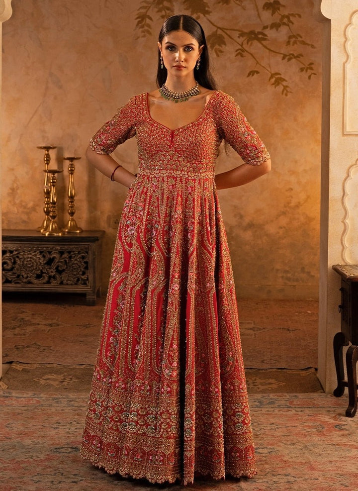 Angad Singh Red Embroidered Raw Silk Anarkali SetFabilicious Fashion