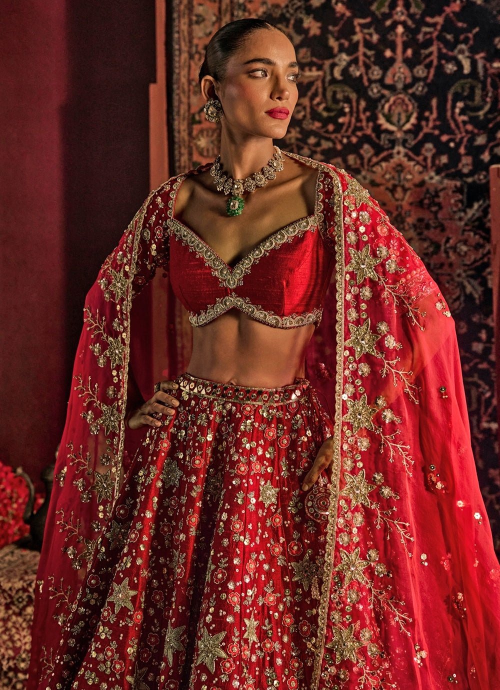Red Embroidered Raw Silk Bridal Lehenga Set Prevasu - Fabilicious Fashion
