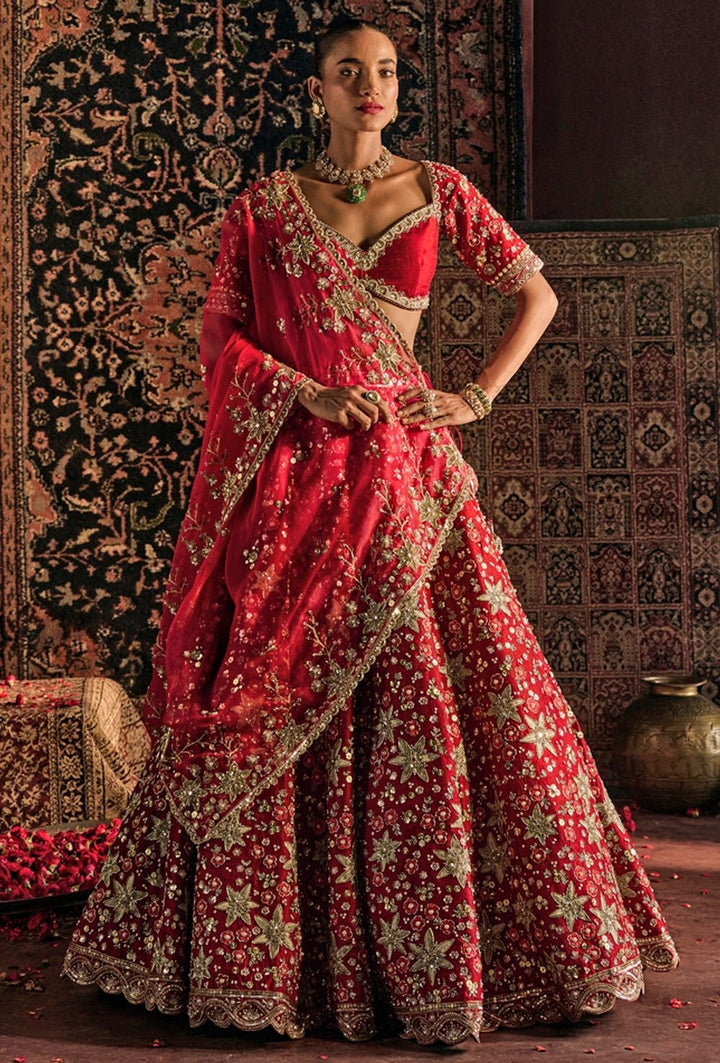 Red Embroidered Raw Silk Bridal Lehenga Set Prevasu - Fabilicious Fashion
