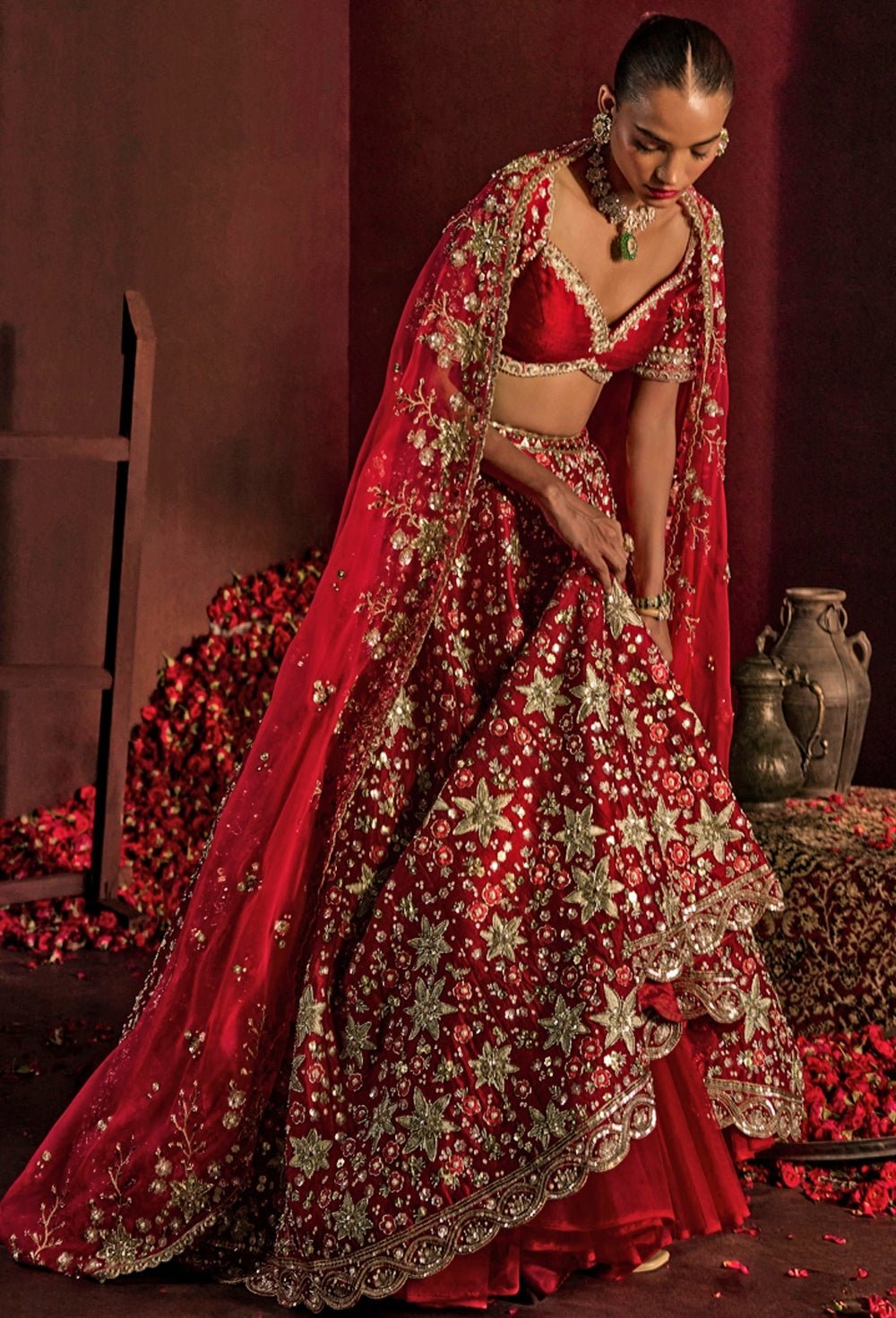 Red Embroidered Raw Silk Bridal Lehenga Set Prevasu - Fabilicious Fashion