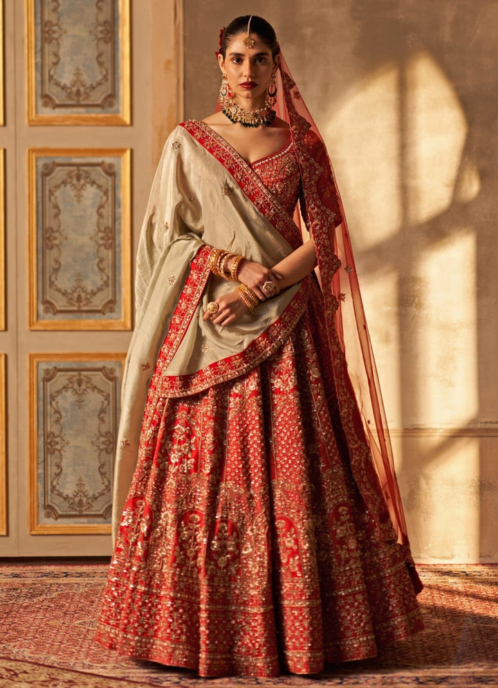 Angad Singh Red Embroidered Raw Silk Double Dupatta Lehenga SetFabilicious Fashion