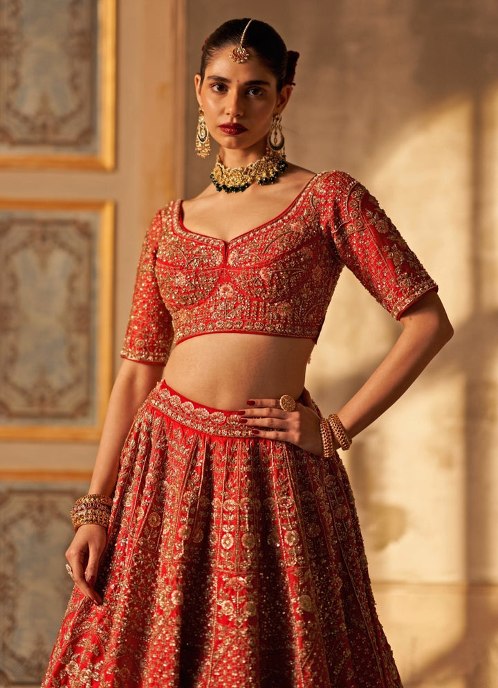 Angad Singh Red Embroidered Raw Silk Double Dupatta Lehenga SetFabilicious Fashion