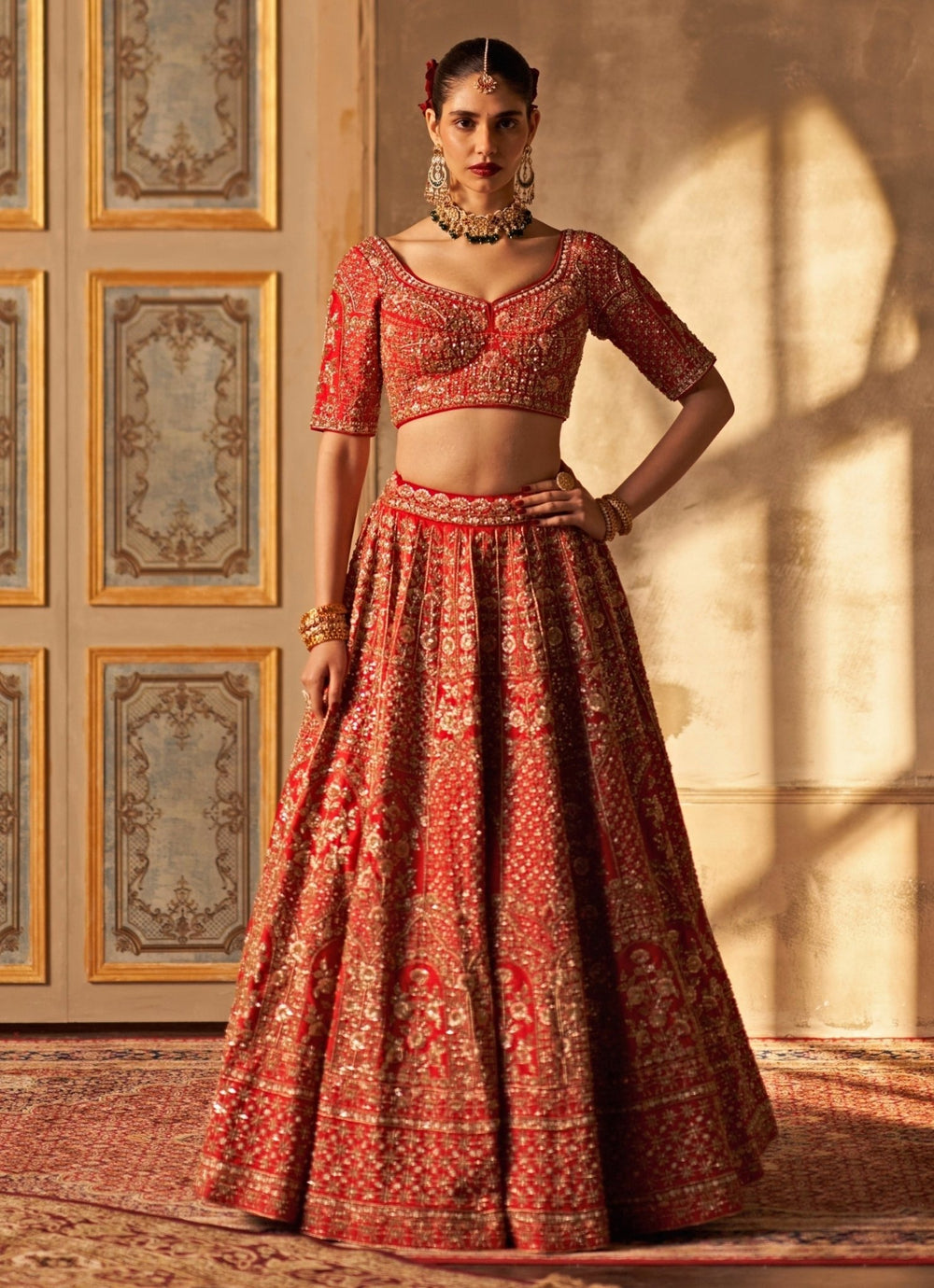 Red Embroidered Raw Silk Double Dupatta Lehenga Set Angad Singh - Fabilicious Fashion