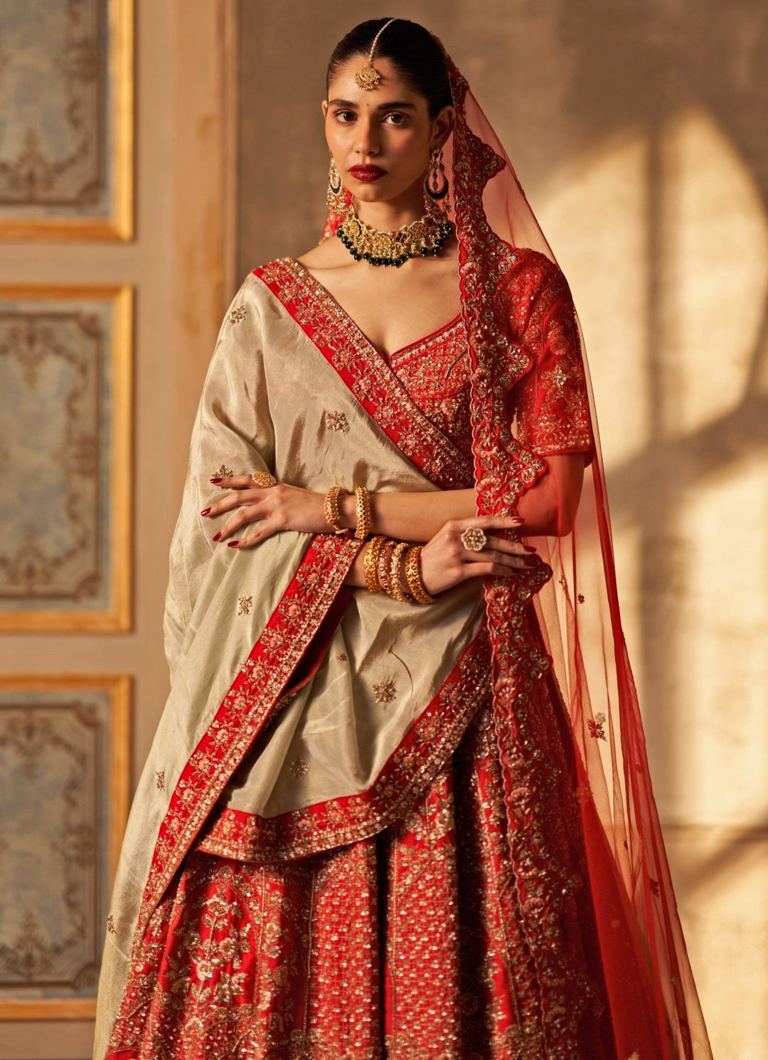 Angad Singh Red Embroidered Raw Silk Double Dupatta Lehenga SetFabilicious Fashion