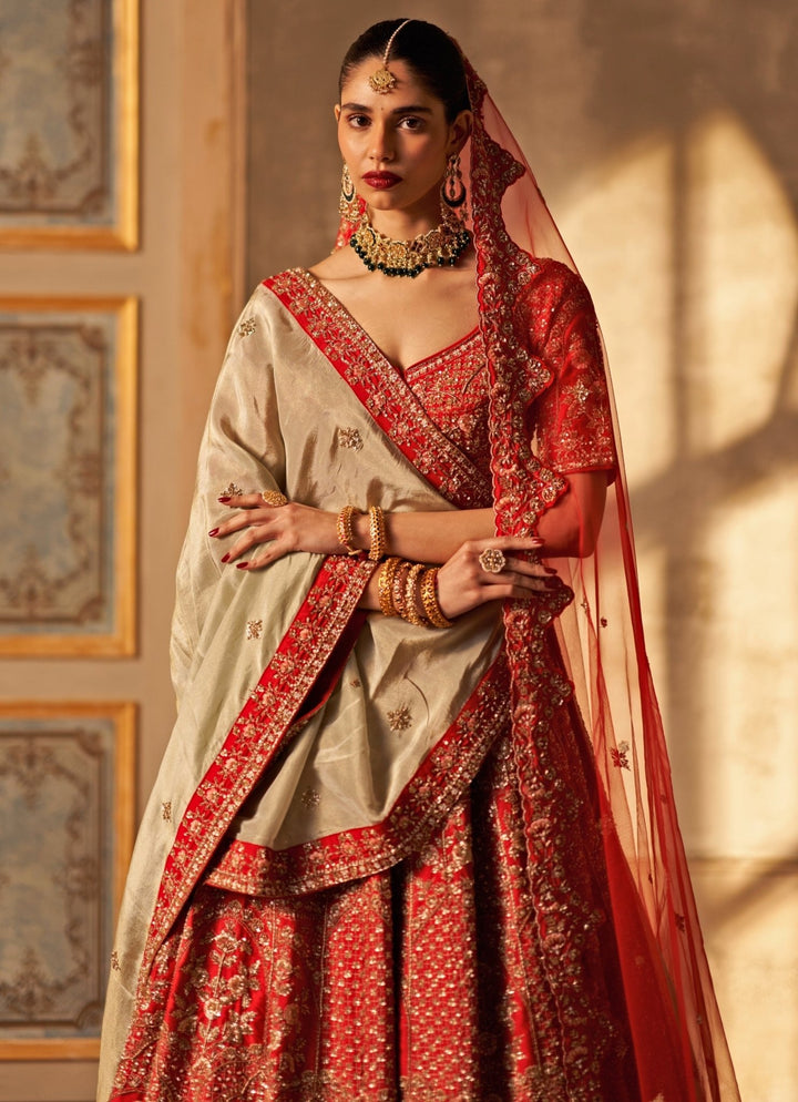 Angad Singh Red Embroidered Raw Silk Double Dupatta Lehenga SetFabilicious Fashion