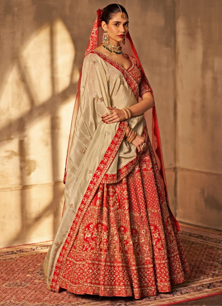 Angad Singh Red Embroidered Raw Silk Double Dupatta Lehenga SetFabilicious Fashion