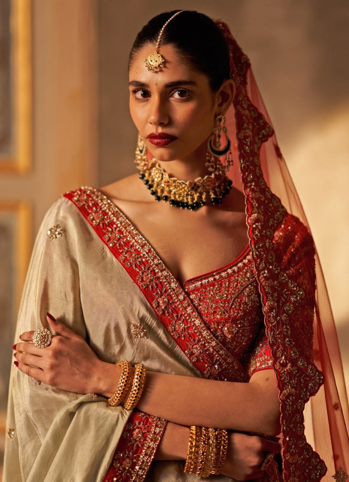 Angad Singh Red Embroidered Raw Silk Double Dupatta Lehenga SetFabilicious Fashion