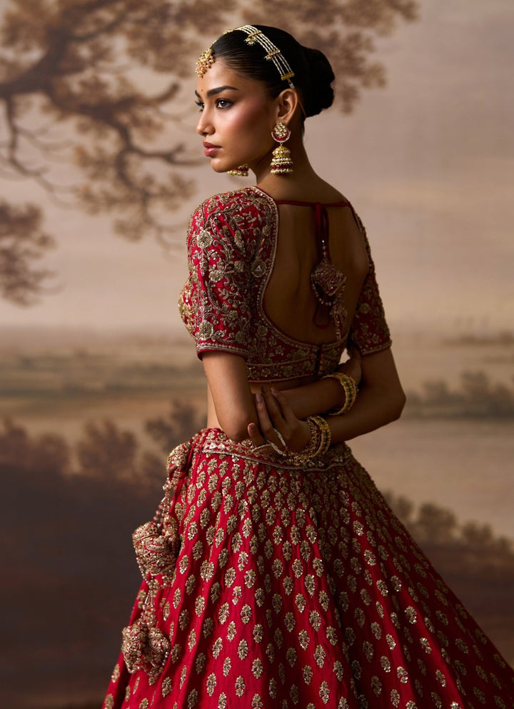 Angad Singh Red Embroidered Raw Silk Double Dupatta LehengaFabilicious Fashion