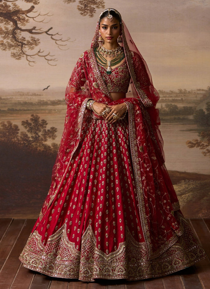 Angad Singh Red Embroidered Raw Silk Double Dupatta LehengaFabilicious Fashion