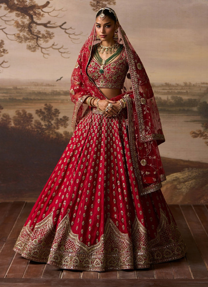 Angad Singh Red Embroidered Raw Silk Double Dupatta LehengaFabilicious Fashion
