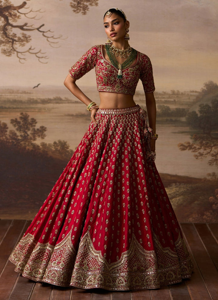 Angad Singh Red Embroidered Raw Silk Double Dupatta LehengaFabilicious Fashion