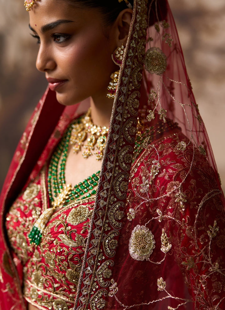 Angad Singh Red Embroidered Raw Silk Double Dupatta LehengaFabilicious Fashion