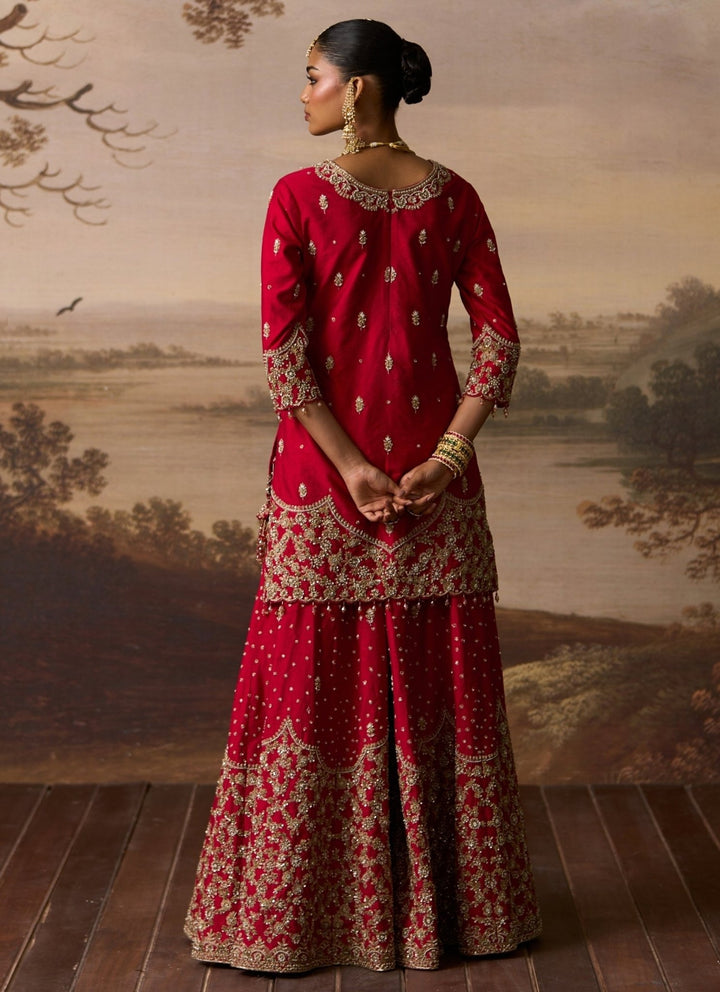 Angad Singh Red Embroidered Raw Silk Kurta Sharara SetFabilicious Fashion