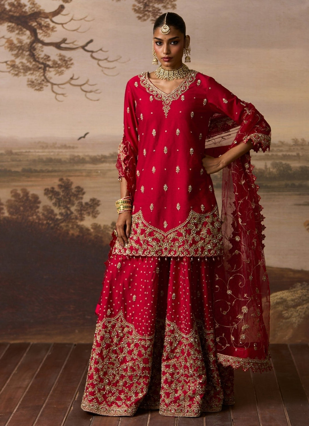 Angad Singh Red Embroidered Raw Silk Kurta Sharara SetFabilicious Fashion