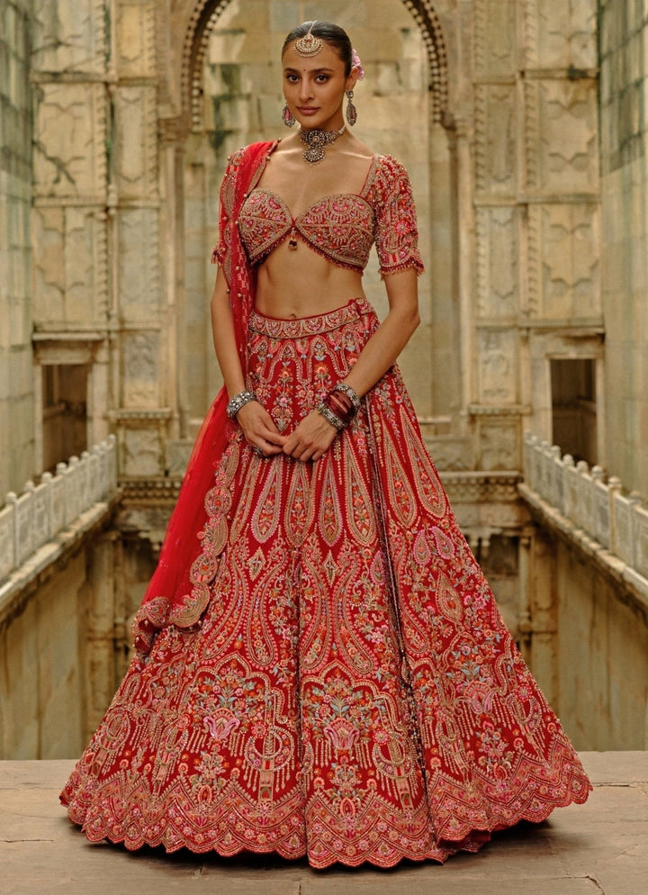 Red Embroidered Raw Silk Lehenga Set Nitika Gujral - Fabilicious Fashion
