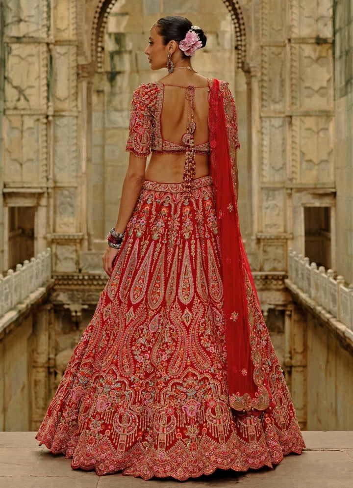 Red Embroidered Raw Silk Lehenga Set Nitika Gujral - Fabilicious Fashion
