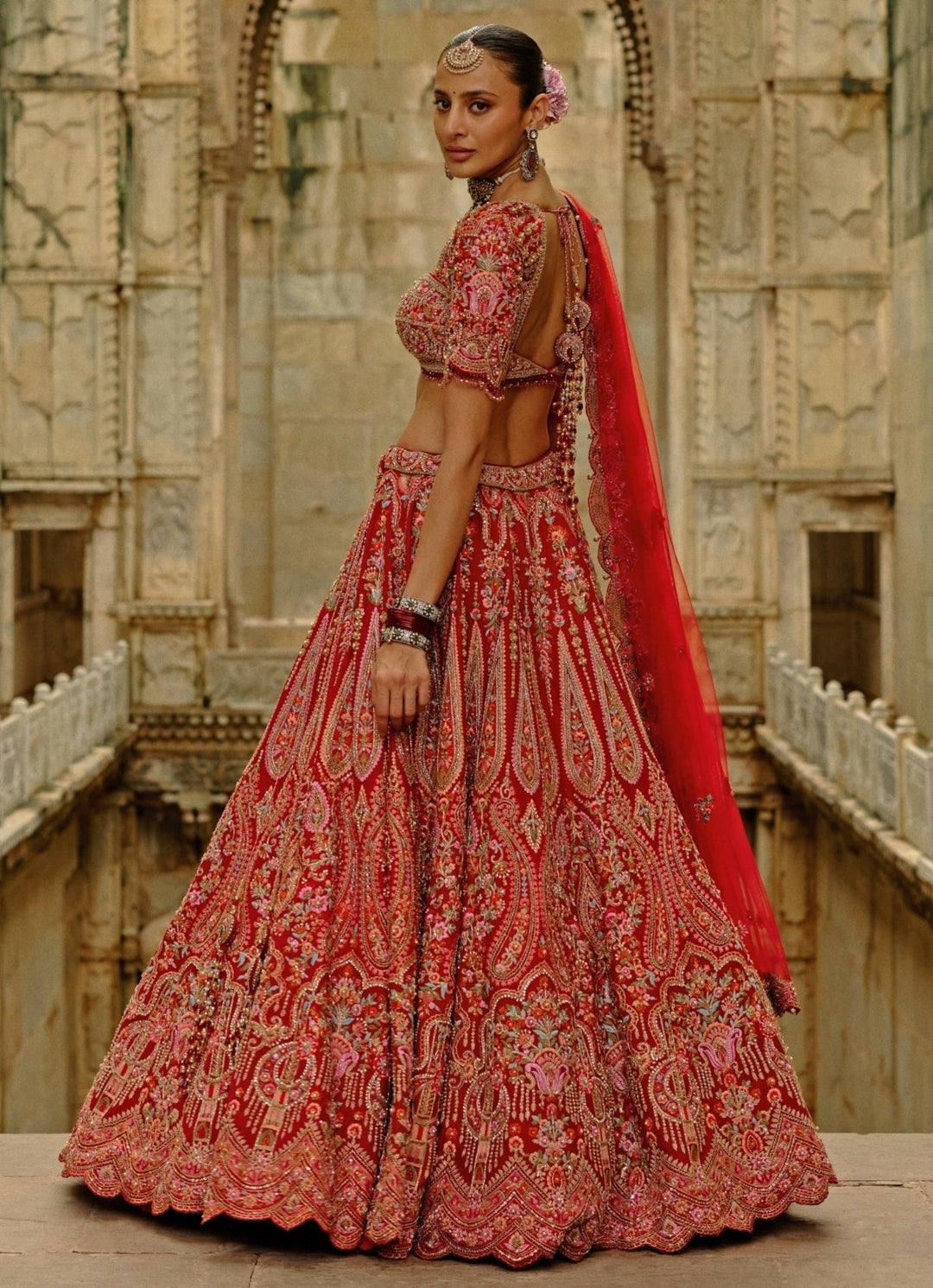 Red Embroidered Raw Silk Lehenga Set Nitika Gujral - Fabilicious Fashion