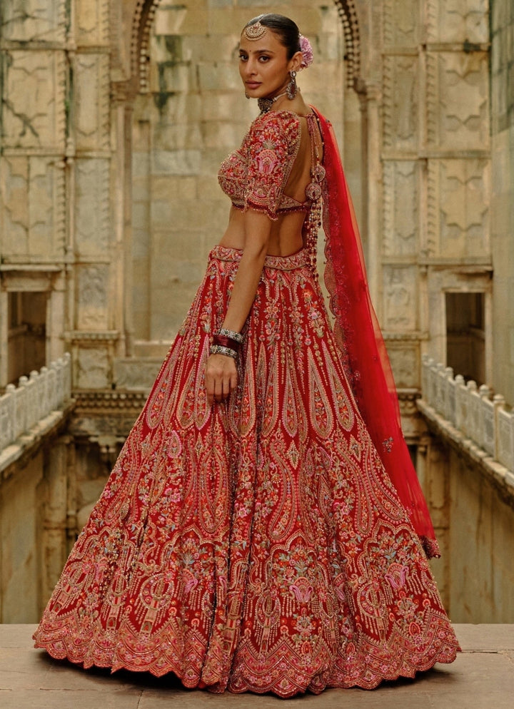Red Embroidered Raw Silk Lehenga Set Nitika Gujral - Fabilicious Fashion
