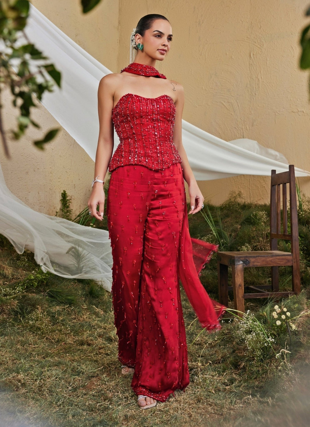 Mani Bhatia Red Embroidered Satin Corset Sharara SetFabilicious Fashion