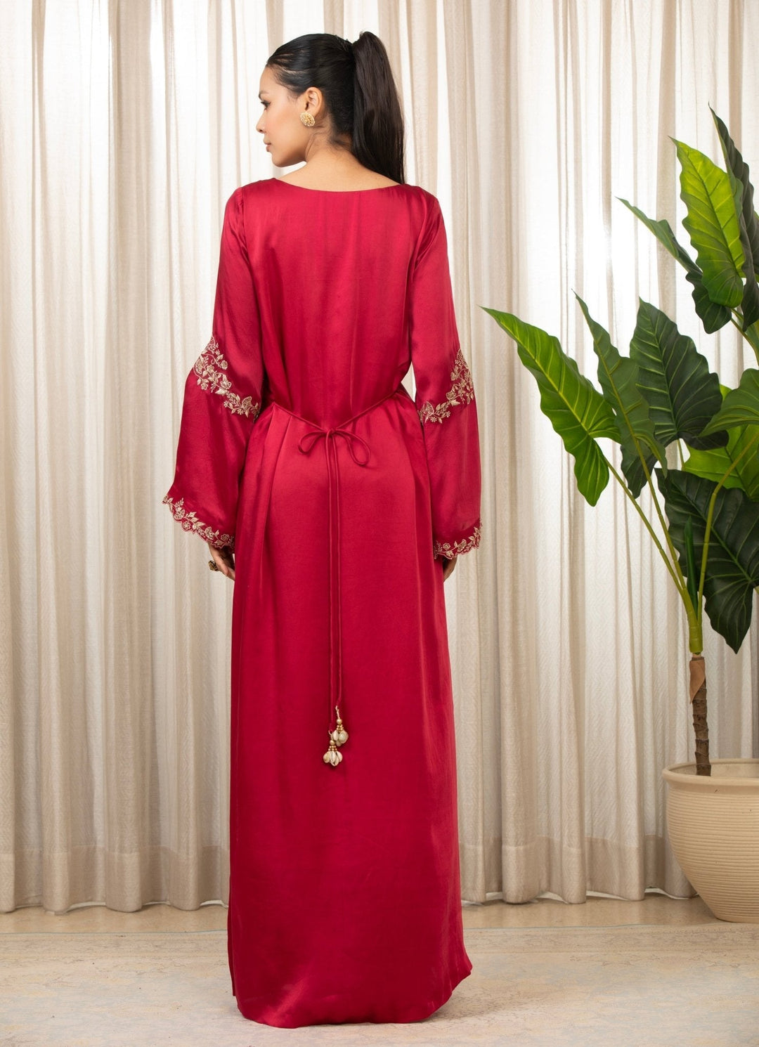 Red Embroidered Satin Kaftan Esha Koul - Fabilicious Fashion