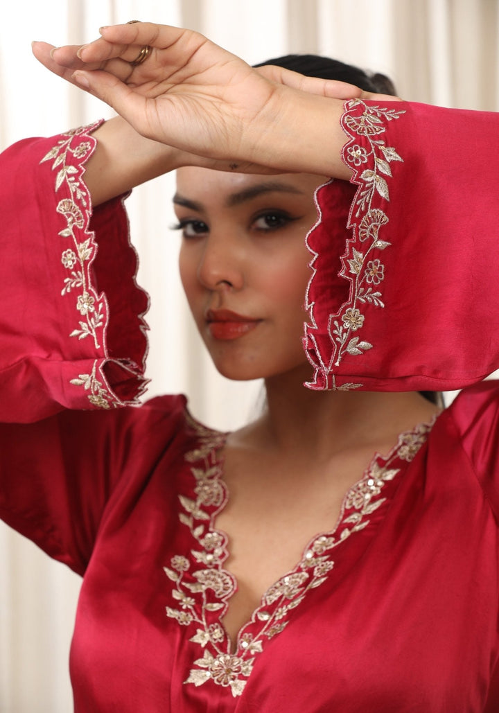 Red Embroidered Satin Kaftan Esha Koul - Fabilicious Fashion