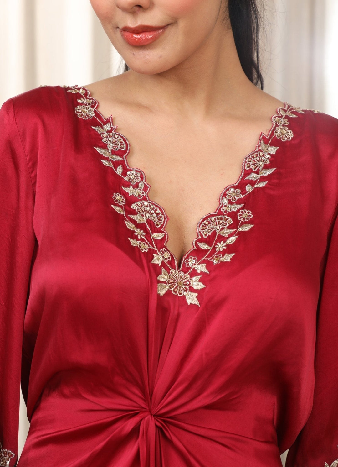 Red Embroidered Satin Kaftan Esha Koul - Fabilicious Fashion