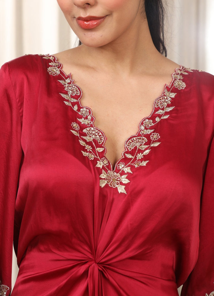 Red Embroidered Satin Kaftan Esha Koul - Fabilicious Fashion