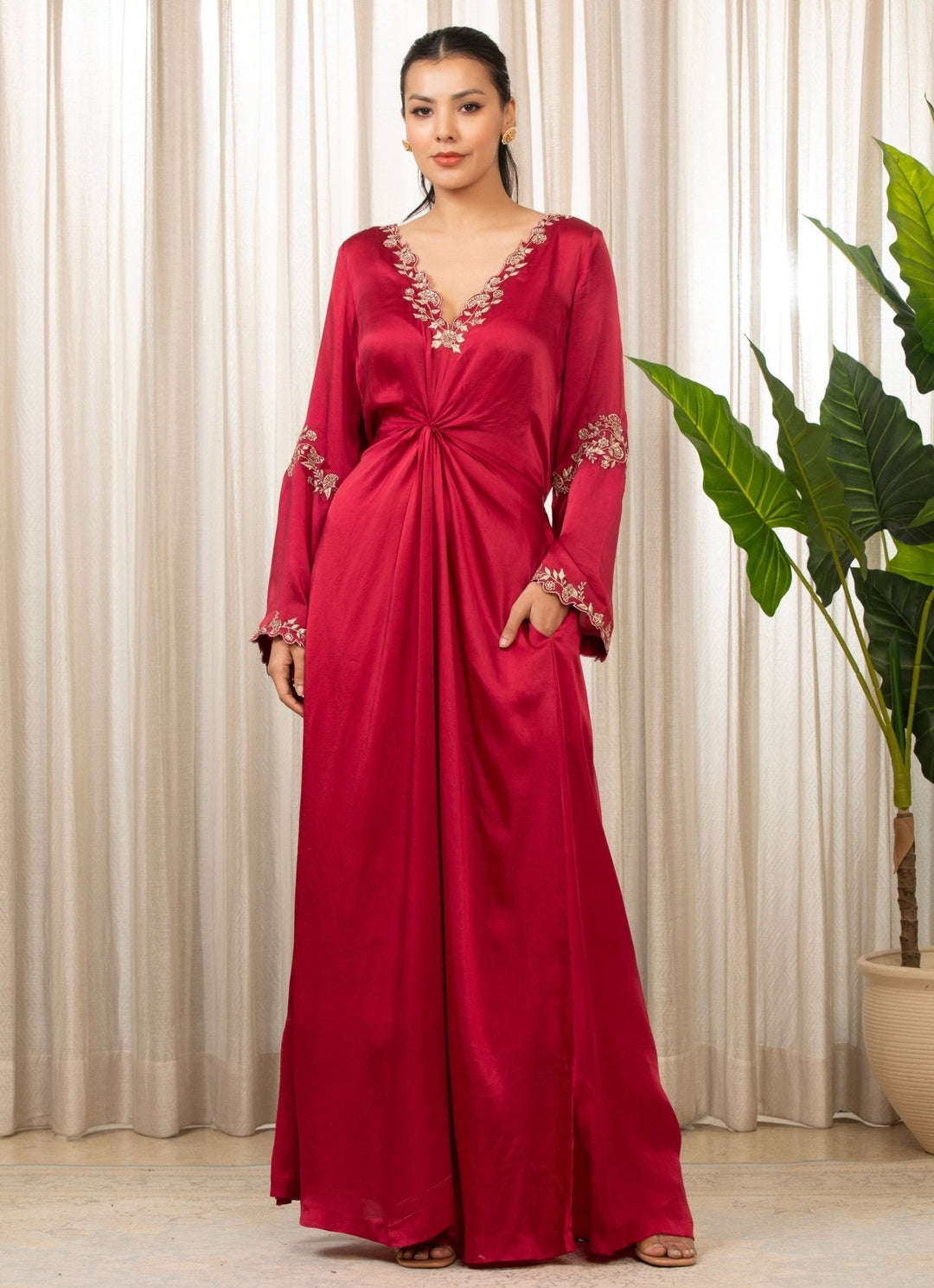 Red Embroidered Satin Kaftan Esha Koul - Fabilicious Fashion