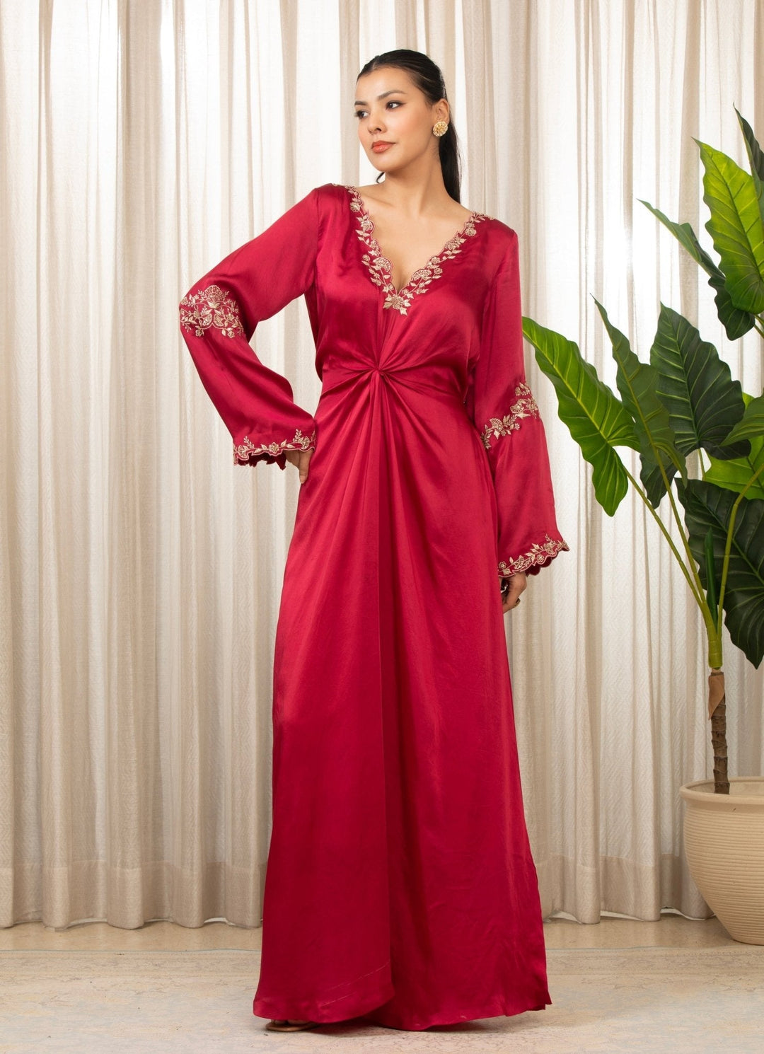 Red Embroidered Satin Kaftan Esha Koul - Fabilicious Fashion