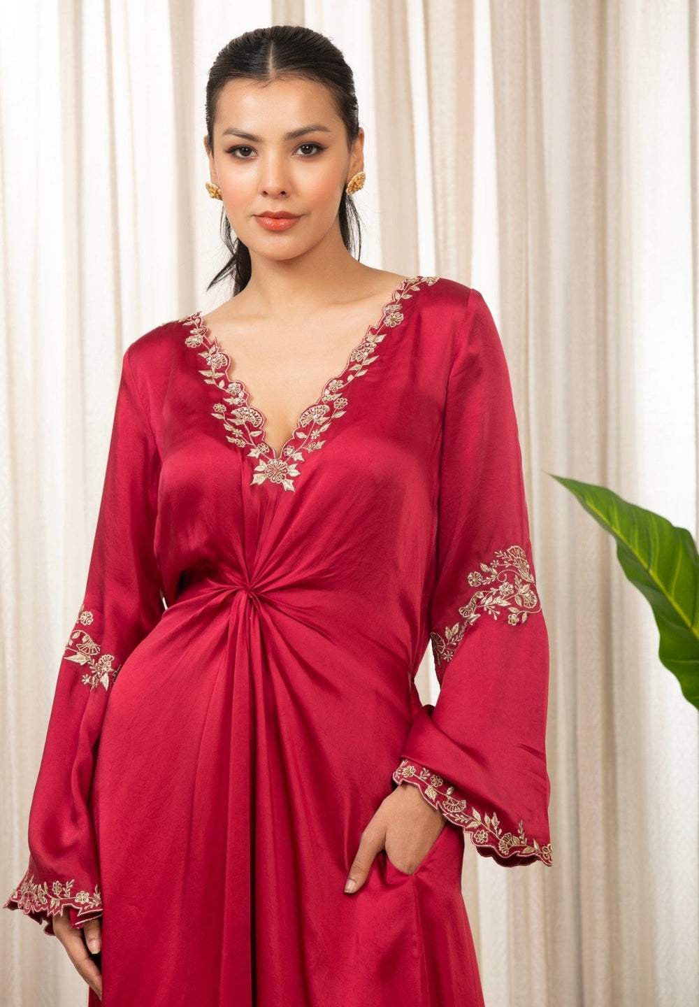 Red Embroidered Satin Kaftan Esha Koul - Fabilicious Fashion