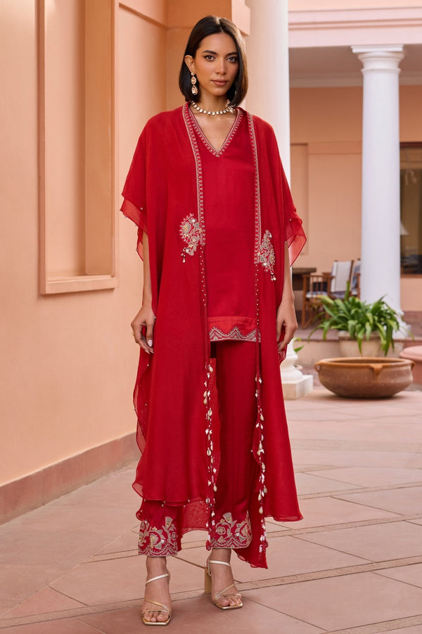 Isha Gupta Tayal Red Embroidered Satin Kurta Set with Cape