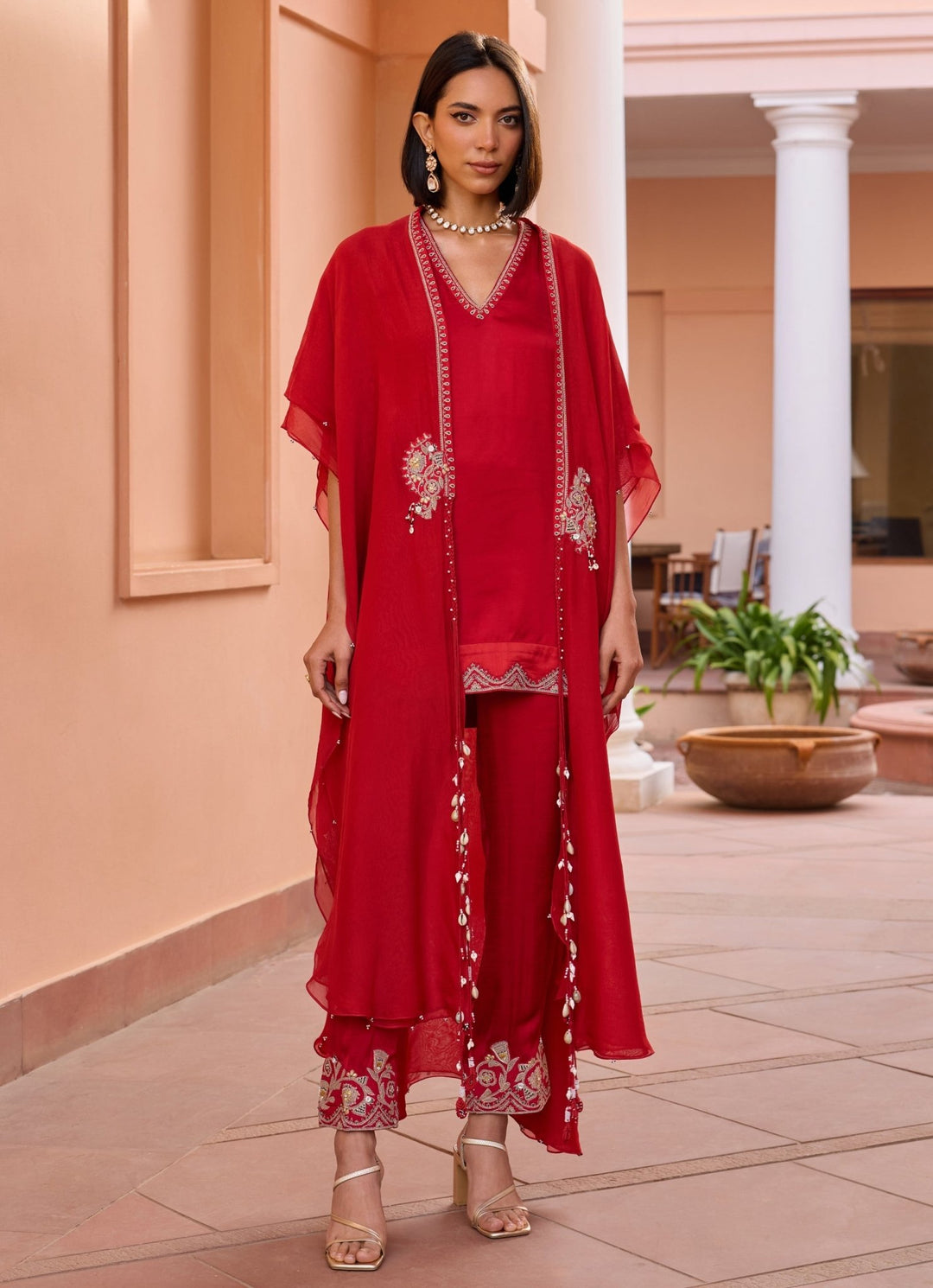 Red Embroidered Satin Kurta Set With Cape Isha Gupta Tayal - Fabilicious Fashion