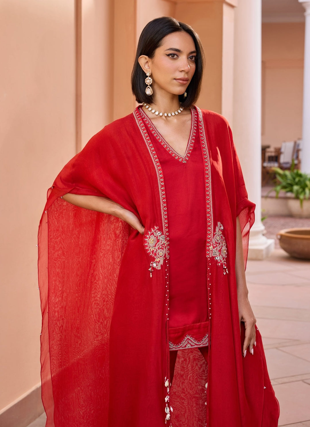 Red Embroidered Satin Kurta Set With Cape Isha Gupta Tayal - Fabilicious Fashion