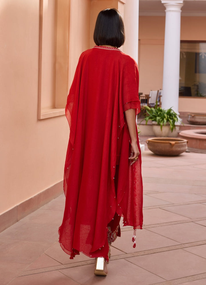 Red Embroidered Satin Kurta Set With Cape Isha Gupta Tayal - Fabilicious Fashion