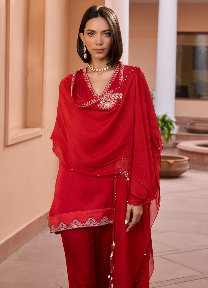 Red Embroidered Satin Kurta Set With Cape Isha Gupta Tayal - Fabilicious Fashion